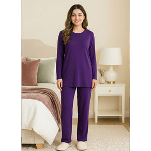 Casual Homeware Fluid Knit Polyester/Spandex Stretchable Pajamas Set Purple Custom Logo Half Sleeve Cartoon Soft Women - Product Image 3