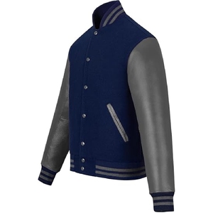Men Premium navy Blue and Grey Varsity Jacket Authentic Letterman Bomber with Leather Look Contrast Sleeves - Product Image 6