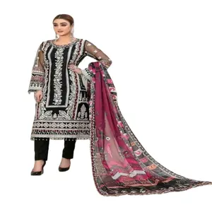 indian and pakistani women 3 piece Semi-Stitched Heavy Embroidered Shirt ,Fancy Dupatta & Unstitched Viscose Shalwar by TAWAKKAL