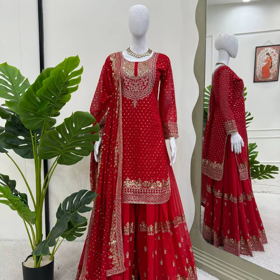 Yanustuti Women's Red Anarkali Kurta Palazzo Set With Dupatta – Ready To Wear Ethnic Party Outfit