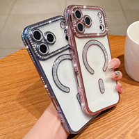Coque de téléphone transparente magnétique antichoc en TPU pour 17Pro 17 Air 16 15 14 13 avec décoration en diamant et protection de l'appareil photo