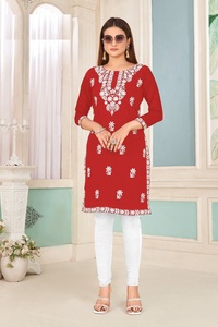 Heavy Bombay Rayon White Cotton Embroidery Work <b>Kurtis</b> for Online Sale - Product Image 5