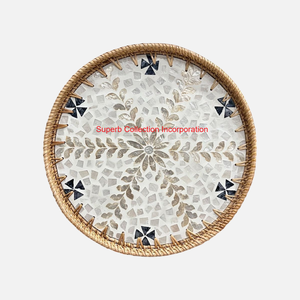 Bandeja de servicio de ratán Natural tejida a mano con incrustaciones de madreperla, bandeja redonda de mosaico decorativo para decoración del hogar y almacenamiento de cocina - Product Image 6
