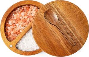 Caja de sal de Acacia dividida con giratorio magnético-Bodega de especias de madera de 2 compartimentos-Elegante guardián de almacenamiento de madera para condimentos - Product Image 3