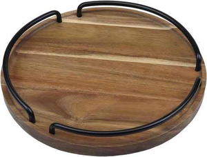 Plateau en bois d'acacia artisanal avec poignées en métal, élégant plateau rond pour servir le petit-déjeuner, les collations ou comme présentoir sur la table basse - Product Image 2