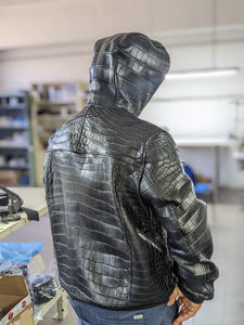 Veste bomber moto en cuir véritable noir et toile pour homme, imperméable, coupe-vent, respirante, col montant, à capuche - Product Image 2