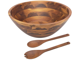 ชุดชามสลัดไม้กระถินเทศขัดเงาขนาดใหญ่ พร้อมชามเสิร์ฟและอุปกรณ์ น้ำหนักเบาและปลอดภัยสำหรับอาหาร - Product Image 1