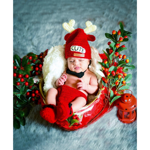 Conjunto de vestido rojo de ganchillo hecho a mano, ropa de moda de lana Unisex para niños con estilo de reno, patrón navideño, sesiones de fotos de bebés, pajarita - Product Image 1
