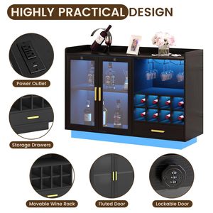 Meuble à vin moderne de luxe en bois noir, bar à liqueurs, station café avec éclairage LED et portes vitrées pour salon, salle à manger, <span class=keywords><strong>buffet</strong></span> - Product Image 2