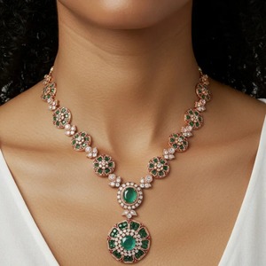 Ensemble collier et boucles d'oreilles tendance Gajaah en argent sterling 925 avec pierre verte émeraude, bijoux de mariée et de fête en argent pur de qualité supérieure - Product Image 1