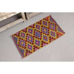 Alfombra de 1.5x2.6 pies, Alfombra Turca Vintage, Alfombra de Lana Roja y Azul Estilo Suroeste - Product Image 3