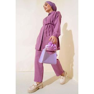 ชุด2ชิ้นสีม่วงแดงของผู้หญิงผ้าลินินปักด้วยหินเก๋ไก๋และมีสไตล์ - Product Image 2