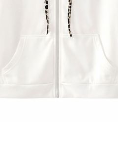 <b>White</b> Zip Up <b>Hoodie</b> And Black Jogger Pants Set Women Leopard Trim Fleece Tracksuit Casual Streetwear Outfit - Product Image 4