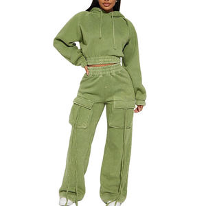 2026 haute qualité lavé Cargo pantalons de survêtement femmes haut court ensembles survêtement ensemble 80% coton 20% Polyester polaire 400Gsm Jogging costume - Product Image 1