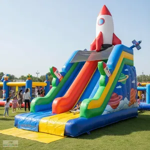Toboggan gonflable commercial à thème fusée pour enfants, château gonflable extérieur 7x5m, toboggan sec en PVC, équipement de terrain de jeu - Product Image 1