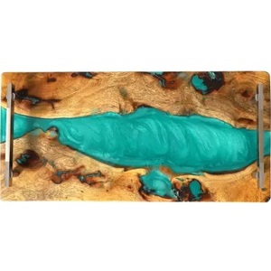 Hot Selling <b>Epoxy</b> Blue Resin Wood Serving Tray With <b>Metal</b> Handle Handmade Product Decorative Item Wooden Tray Kitchenware - Product Image 4