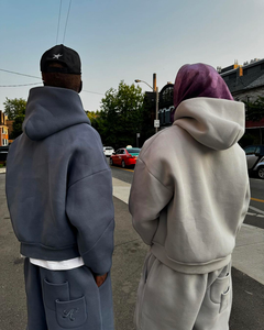 Custom Wholesale Dropped Shoulder <b>Hoodie</b> & Flared Pants Set Men's Vintage Heavyweight Oversized Double <b>Zip</b> up Tracksuit Set - Product Image 5