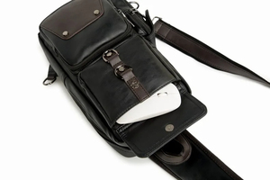 Sac à bandoulière multi-poches en cuir véritable, sac à bandoulière décontracté pour hommes et femmes, sac d'affaires portable, mode vintage - Product Image 6