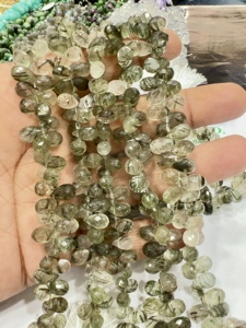 Natural Green Rutilated Quartz Faceted Briolette Teardrops 8 Inch Strand Size 5-7mm Approx Rutile Quartz Faceted Drops Gemstone - Product Image 3