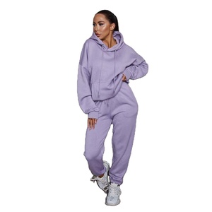 Haute demande 2 pièces femmes surdimensionné poche avant pull à capuche et survêtement à revers ensemble femmes 2 pièces survêtement sweat ensemble - Product Image 2