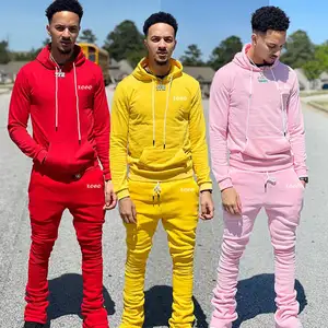 Özel Logo Streetwear atletik giyim erkekler koşu yığılmış pantolon Hoodie 2 adet eşofman erkekler yığılmış Sweatpants setleri