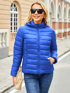 Veste d'hiver courte rembourrée bleu royal pour femme, capuche, légère, doudoune, coque en denim, respirante, coupe-vent, fermeture éclair sur le devant, confortable, pour le froid - Product Image 2