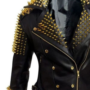 Chaqueta de motorista de PU con logotipo bordado personalizado para mujer, cuello vuelto, tachuelas largas, material de lona de algodón tejido transpirable ecológico - Product Image 4