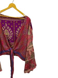 Vestido corto de seda con parte superior de tamaño libre, Top cruzado de tela Sari vintage, Top bohemio con estampado floral - Product Image 3