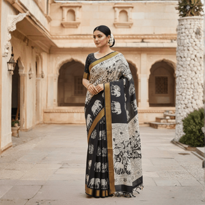 Sari de Algodón y Seda Kalamkari Midnight Grace, Estampado a Mano, Estilo Indio-Pakistaní, Prenda Étnica, Últimos Diseños para Uso Diario - Product Image 3