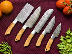 2025 personnalisé meilleure qualité en gros ODM OEM Damas acier 5 pièces ensemble de couteaux de cuisine Tan manche en bois ensemble de couteaux de Chef - Product Image 5