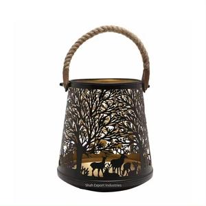 Lanterne à bougie en métal de haute qualité avec poignée en corde, motif de découpe de jungle d'antilopes pour la décoration de la maison et du jardin - Product Image 2