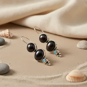 Boucles d'oreilles pendantes en argent 925 avec perle de Tahiti noire ronde cultivée, style vintage, bijoux pour femme, sertissage clos, pour usage quotidien - Product Image 1