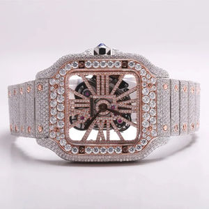 Montre pour homme de haute qualité en acier inoxydable Mouvement à quartz de luxe Entièrement sertie de diamants en moissanite Cadran analogique Verre Style antique - Product Image 1