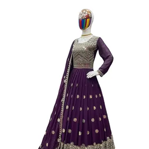 Pekerjaan berat gaya India dengan leher bulat dirancang pengantin India dan Pakistan potongan Gaun panjang