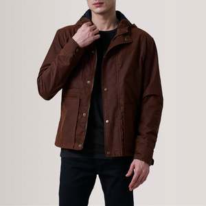 Marlo Brown Canvas Hooded Work <b>Jacket</b> Breathable Denim Cotton Polyester Stand Zipper Winter Sport Casual <b>Rhinestone</b> Washed - Product Image 1