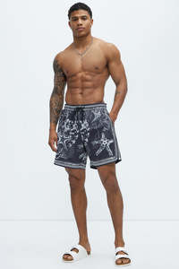 <b>Mens</b> Ocean Themed <b>Black</b> Swim <b>Shorts</b> with Starfish and Coral Print Adjustable Drawstring Waist Quick Dry Fabric Beachwear - Product Image 2