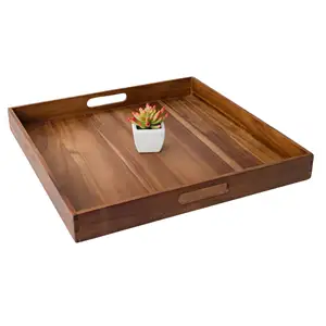 Llamativa bandeja de servicio cuadrada extra grande de 22 pulgadas con asas bandeja otomana decorativa de madera de gran tamaño para sala de estar