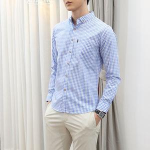 High Quality Button Down Collar Pure Cotton Poplin Breathable Long Sleeve Slim Fit Plaid <b>Dress</b> <b>Shirts</b> for Men - Product Image 6