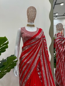 Premium Faux Georgette Designer Saree avec fil et paillettes travail de haute qualité pas cher en vrac en gros chemisier non cousu inclus - Product Image 2
