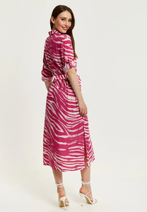 Nuevo diseñador de las mujeres de estilo indio fucsia cebra estampado Midi camisa vestido de media manga patrón Floral Logo espalda imperio gasa - Product Image 4