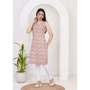 Femme Multicolore Chevron/Zig Zag Droit Kurti Pur Coton XL Taille Soie Brodé Bouton Respirant Mode pour le Printemps - Product Image 3