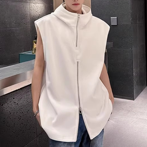 Personnalisé été hommes décontracté sans manches blanc à capuche 3D brodé lettre conception épaisse épaule gilet métal fermeture éclair lavé - Product Image 6