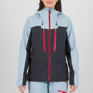 Chaqueta Cortavientos Bicolor Azul Claro y Negro para Mujer, con Capucha, Resistente al Agua, para Senderismo y Esquí, con Cremallera Completa y Detalles Rojos - Product Image 1