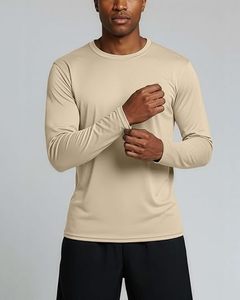 Camiseta de Manga Corta para Hombre, Cuello Redondo, Color Beige, Corte Regular, Lisa, Informal, Tejida, con Serigrafía, de Secado Rápido, Poliéster/Algodón - Product Image 1