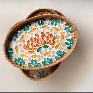 Plateau de service en bois avec incrustation d'os et plateau au design en résine avec logo personnalisé plateau de service de fruits secs pour le petit-déjeuner du Ramadan - Product Image 3