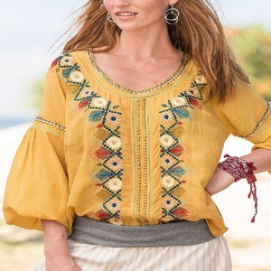 Vintage Classic Design <b>Beaded</b> Embroidery Blouse For Women Long Sleeves Embroidery Blouses Shirts For Wedding Party Blouse Shirt - Product Image 2