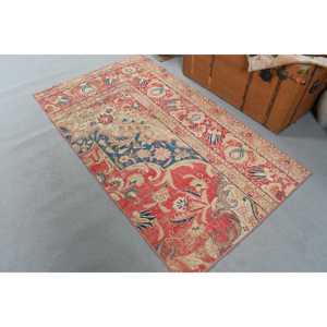 Vintage Rug, Accent 3.3x6 ft Turkish Rug, <b>Red</b> Southwestern <b>Wool</b> Rug - Product Image 2