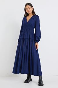 Robe longue marine à manches longues de Style bohème à manches longues 100% tissu rayonne robe de vacances femmes col en V décontracté dames robe pour les femmes - Product Image 5