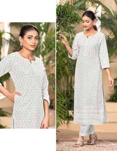 Tissu Georgette Lucknowi Work Chikankari Kurtis pour femme avec intérieur en vente en ligne - Product Image 2