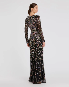 Robe de soirée élégante à manches longues, brodée de sequins, avec des clous brillants, col en V, manches longues, ourlet plissé, coupe trapèze, longueur genou - Product Image 4